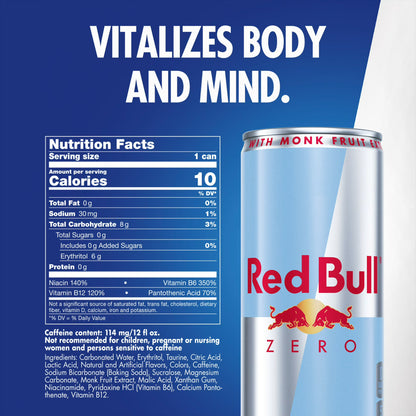 Red Bull Zero Energy Drink, 12 fl oz Cans (24 Pack), Sugar-Free Energy Drink with 114mg Caffeine, Taurine & B Vitamins