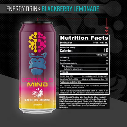 Gorilla Mind Energy Drink, No Sugar or Artificial Colors, Blackberry Lemonade, 16 oz, 12 pack Cans