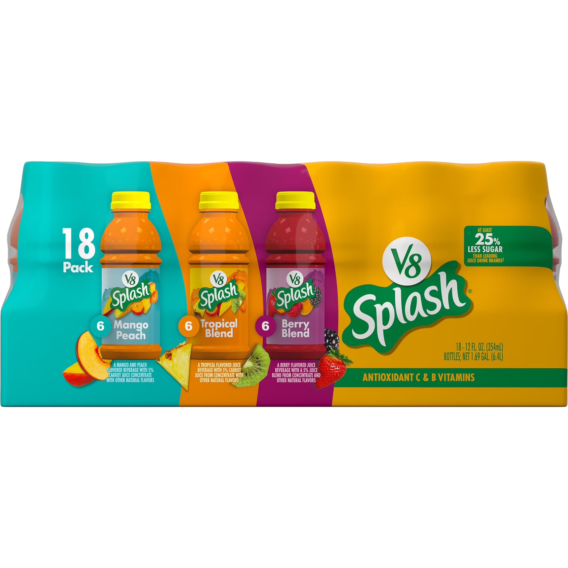 V8 Splash Juice Beverage Variety Pack (18 Pack, 12 fl oz Bottles) – Fruit & Vegetable Juice Blend, Refreshing Hydration Drink