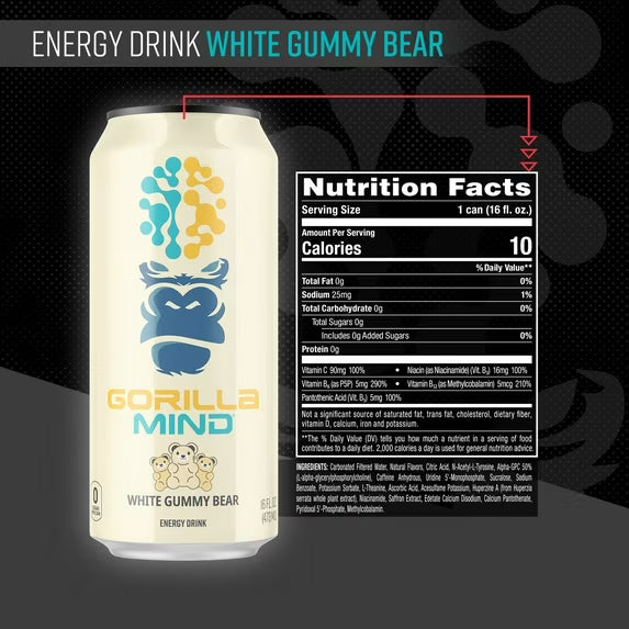 Gorilla Mind Energy Drink, No Sugar or Artificial Colors, White Gummy Bear, 16 oz, 12 pack Cans