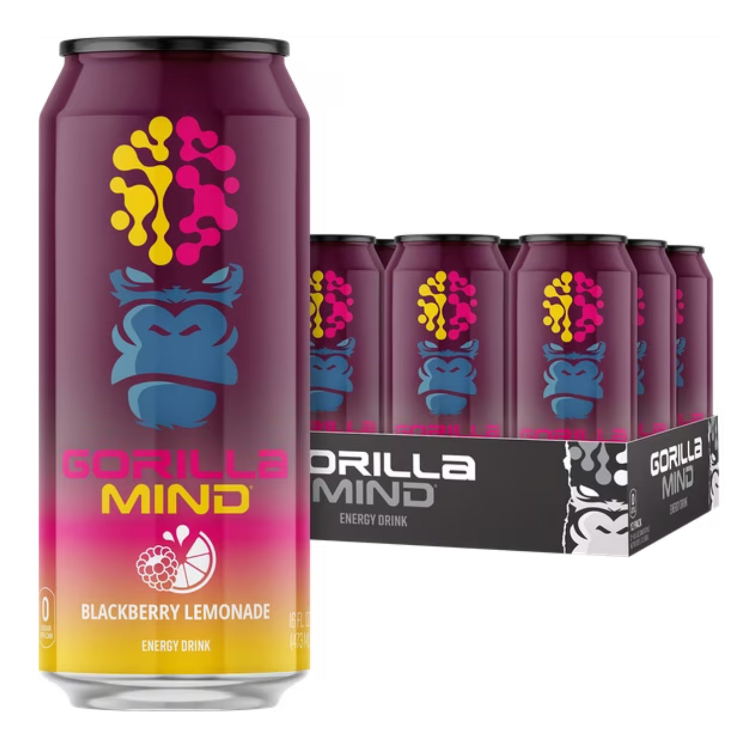 Gorilla Mind Energy Drink, No Sugar or Artificial Colors, Blackberry Lemonade, 16 oz, 12 pack Cans