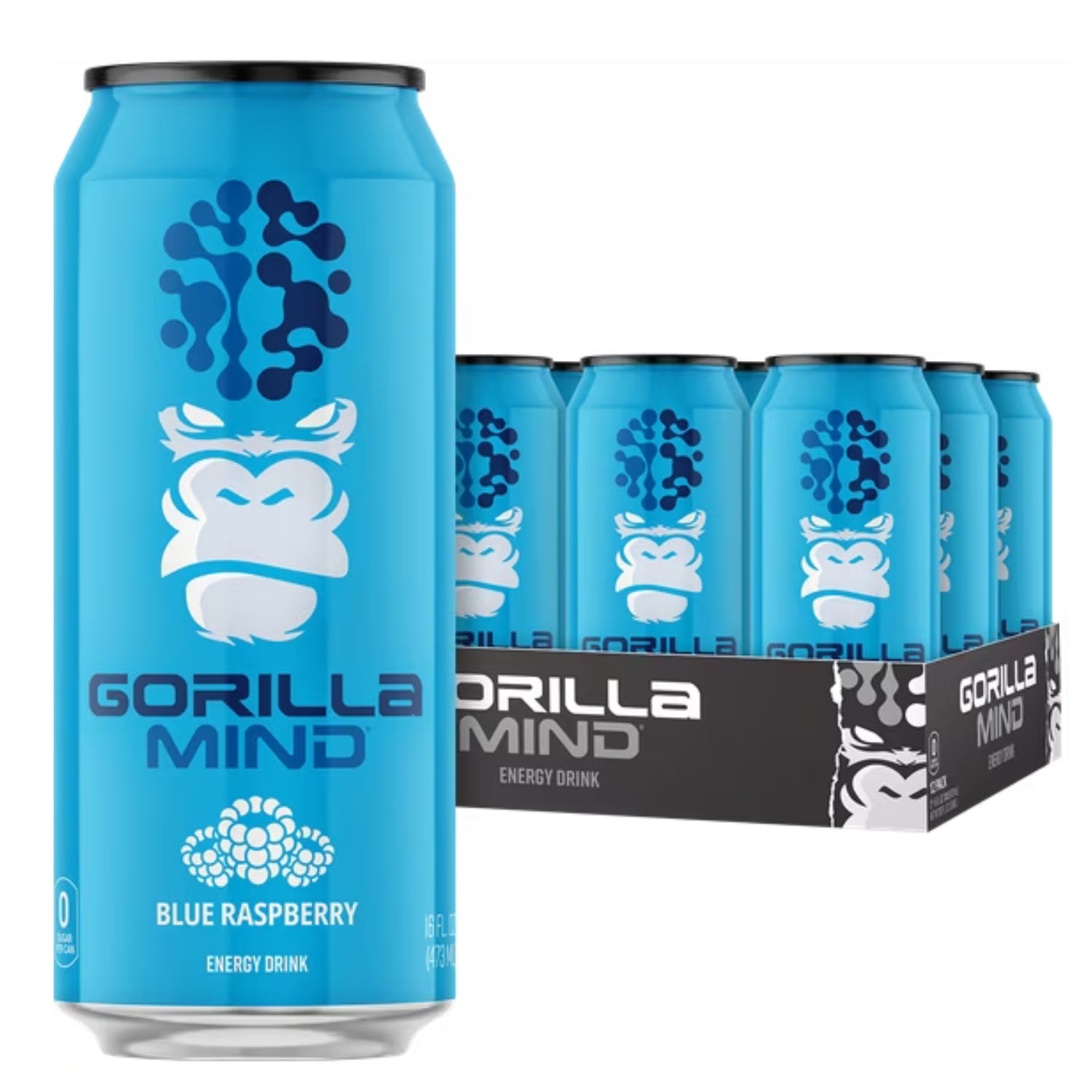 Gorilla Mind Energy Drink, No Sugar or Artificial Colors, Blue Raspberry, 16 oz, 12 pack Cans