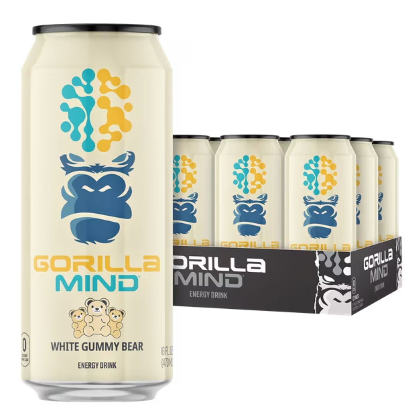 Gorilla Mind Energy Drink, No Sugar or Artificial Colors, White Gummy Bear, 16 oz, 12 pack Cans
