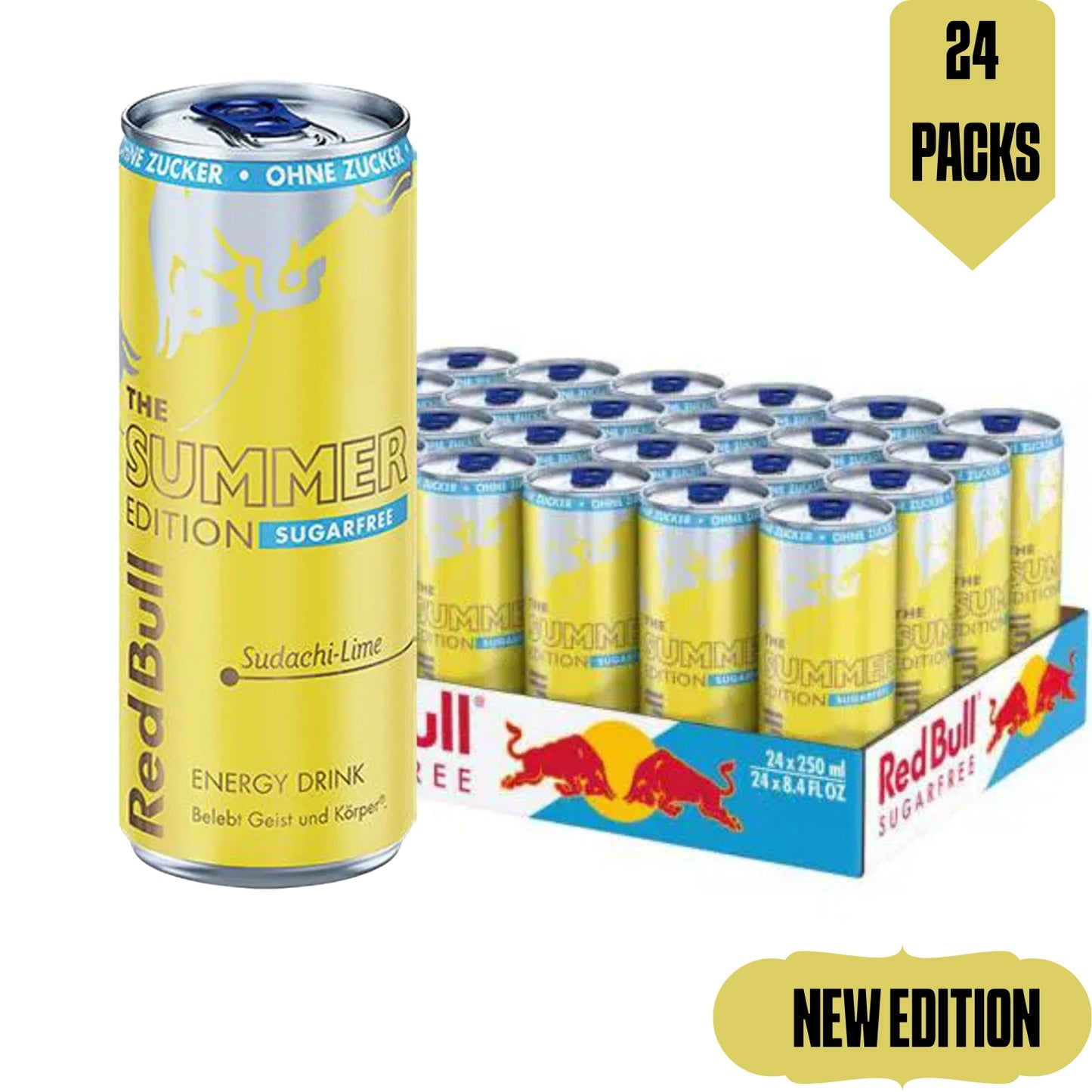 Red Bull Summer Edition energy drink can with packaging displaying 24 packs.