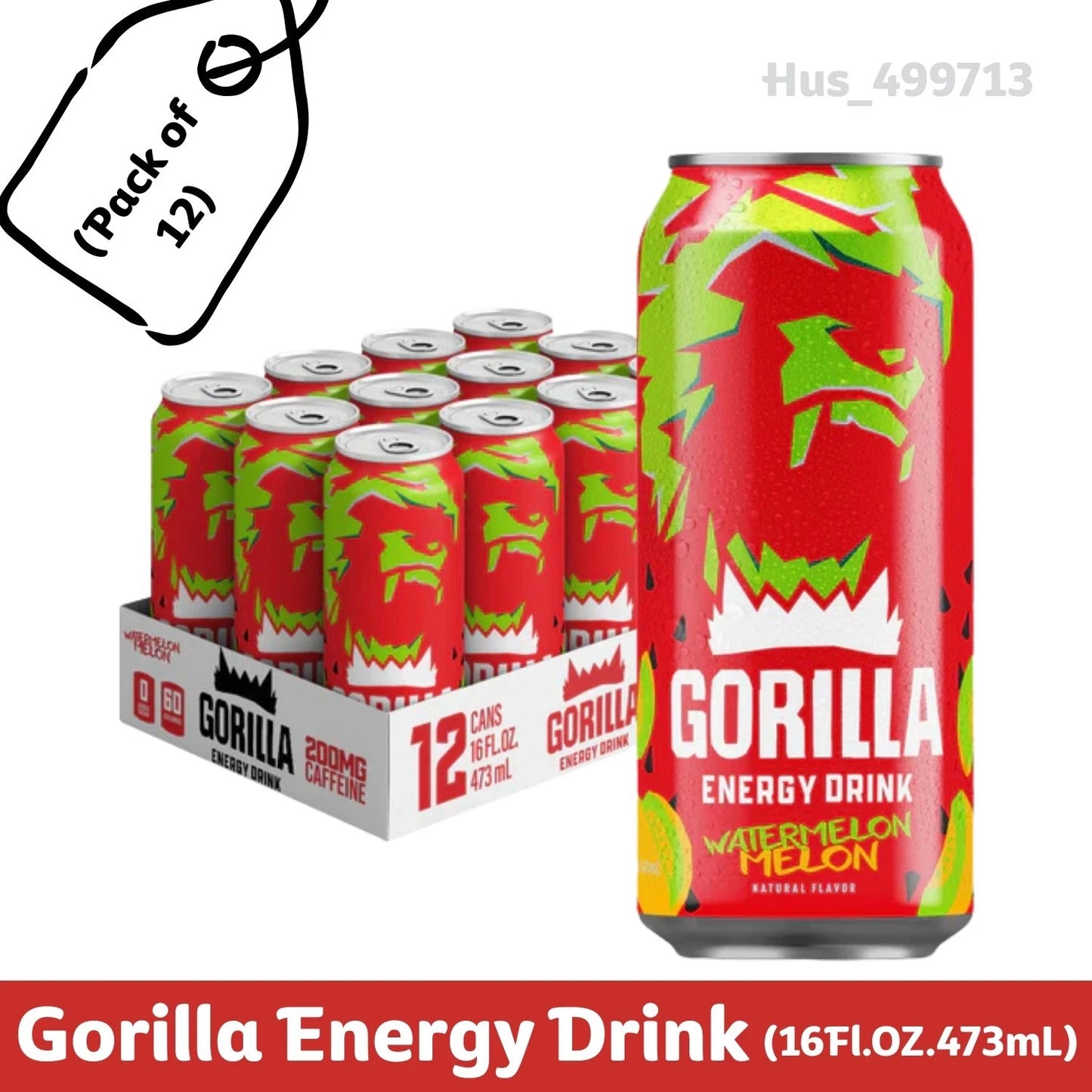 Gorilla Energy Drink – Watermelon Flavor, 16 fl oz Cans (Pack of 12)