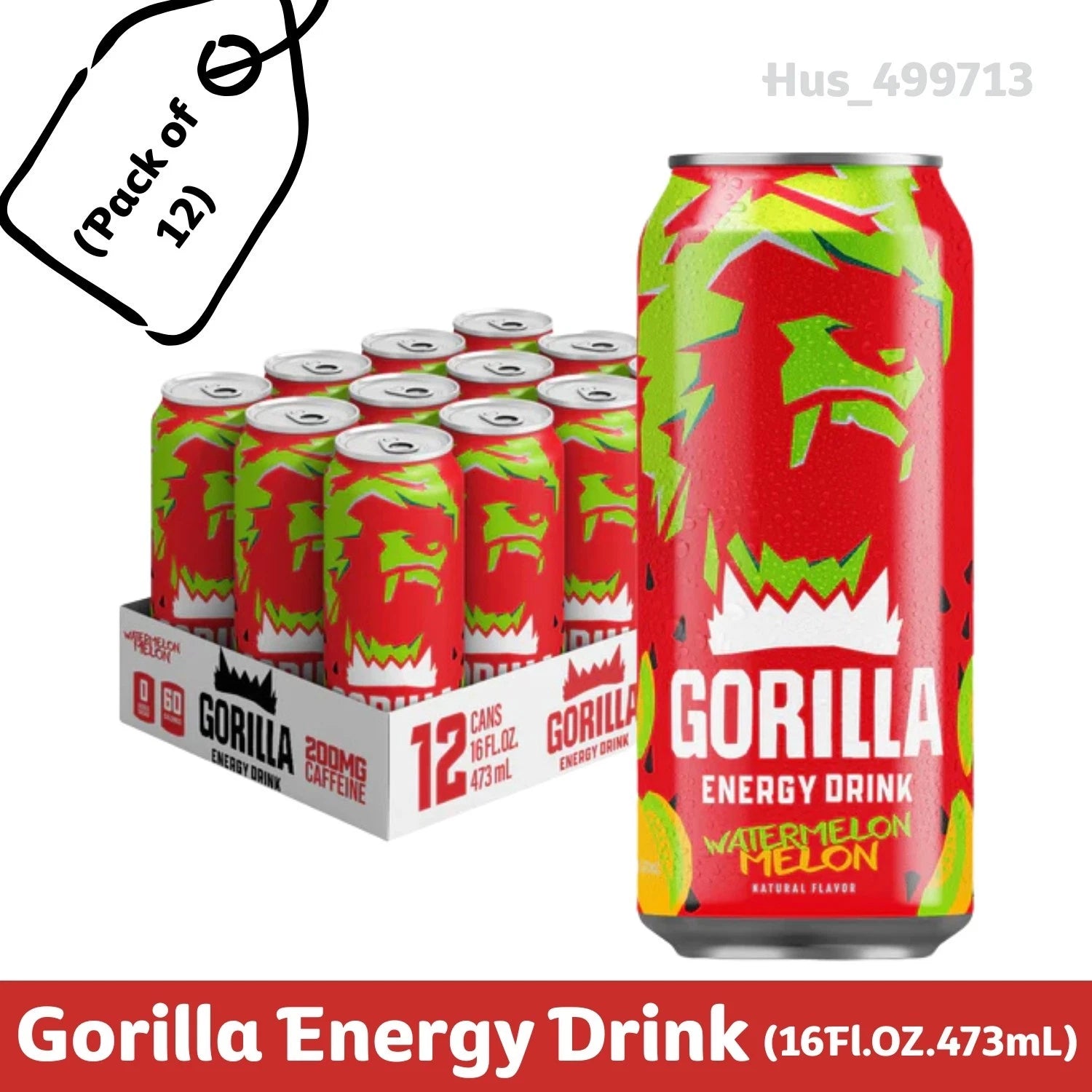 Gorilla Energy Drink – Watermelon Flavor, 16 fl oz Cans (Pack of 12)