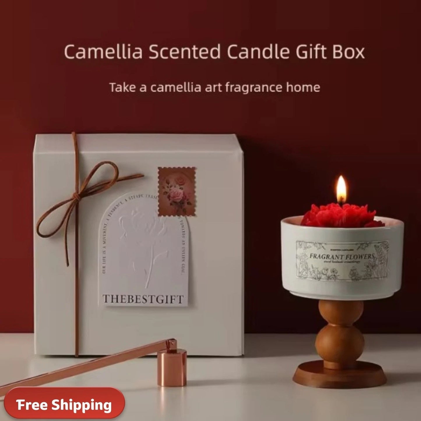 Camellia Scented Soy Wax Candle Gift Box Set Handmade Porcelain Jar Home Use Bed create a description