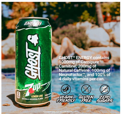 GHOST Energy Drink - 12-Pack, 7UP, 16oz Cans - Energy & Focus & No Artificial Co
