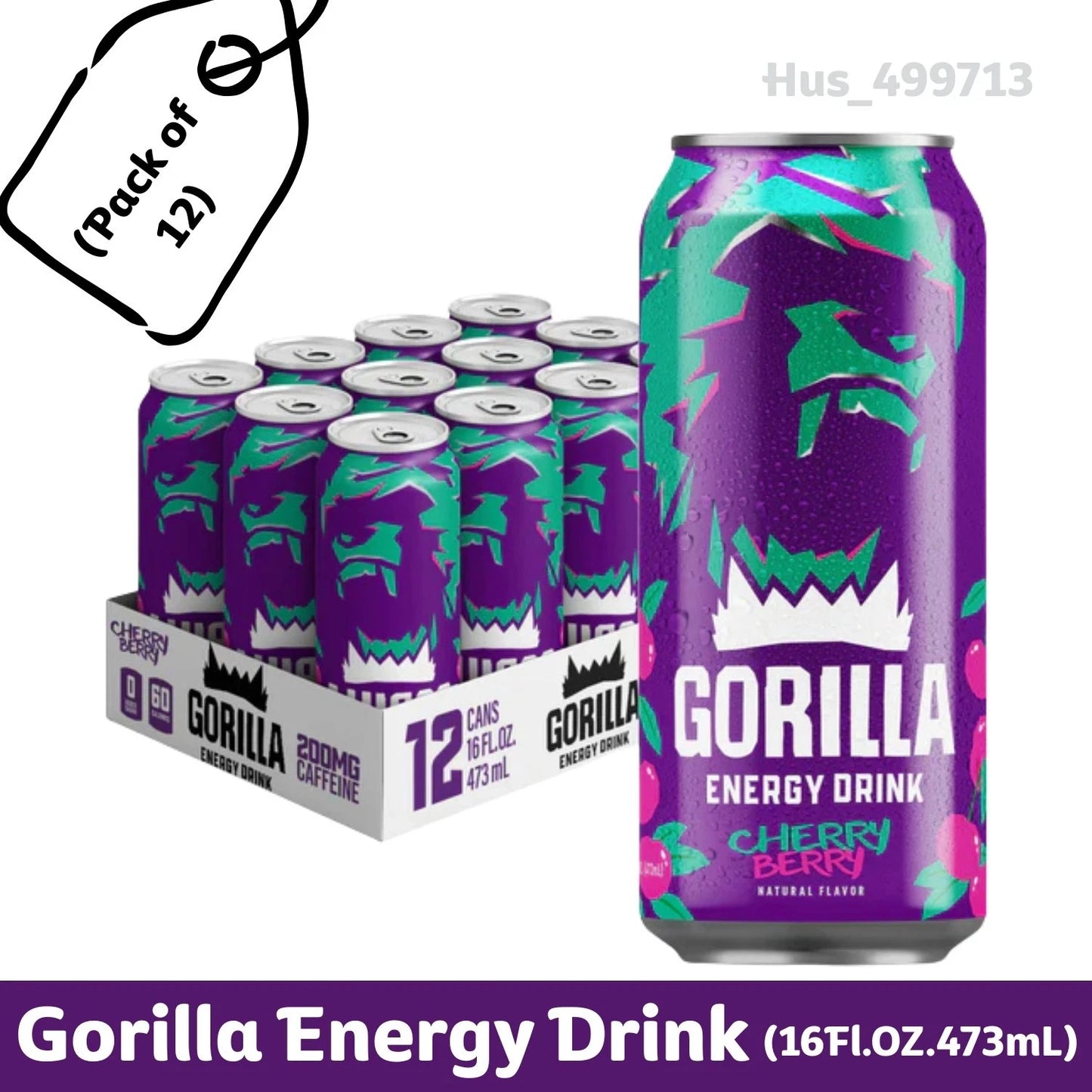 Gorilla Energy Drink Cherry Berry Flavor – 16 fl oz Cans – Bold Fruit Energy Beverage – Pack of 12