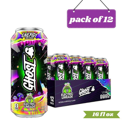 Ghost Energy Drink Zero Sugar Electric Limeade – 16 fl oz Cans – Energy Beverage – Pack of 12