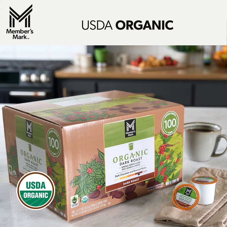 Member's Mark Organic Dark Roast Coffee Pods, 100 ct pack of 2