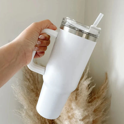 40oz Reusable Tumbler - White Stainless Steel with Handle, Lid &amp; Straw