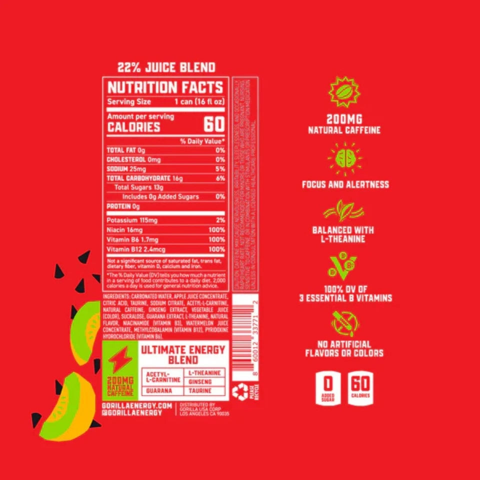 Gorilla Energy Drink – Watermelon Flavor, 16 fl oz Cans (Pack of 12)