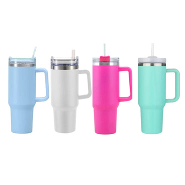 40oz Reusable Tumbler - White Stainless Steel with Handle, Lid &amp; Straw