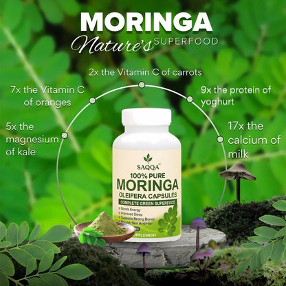 Pure Moringa Leaf Capsules by Saqqa – 500mg Dietary Supplement – 240 Capsules – Pack of 2