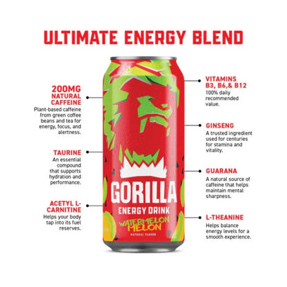 Gorilla Energy Drink – Watermelon Flavor, 16 fl oz Cans (Pack of 12)