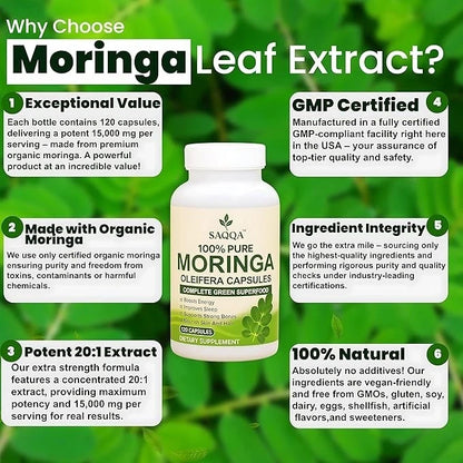 Pure Moringa Leaf Capsules by Saqqa – 500mg Dietary Supplement – 240 Capsules – Pack of 2