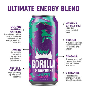 Gorilla Energy Drink Cherry Berry Flavor – 16 fl oz Cans – Bold Fruit Energy Beverage – Pack of 12